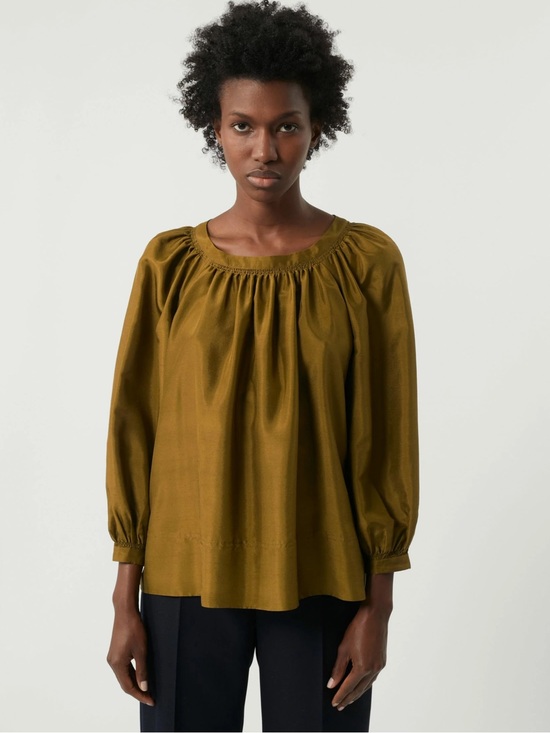soeur Tops - Soeur Prudence 100% Silk Peasant Blouse Oversized Balloon Sleeve Olive Size Med